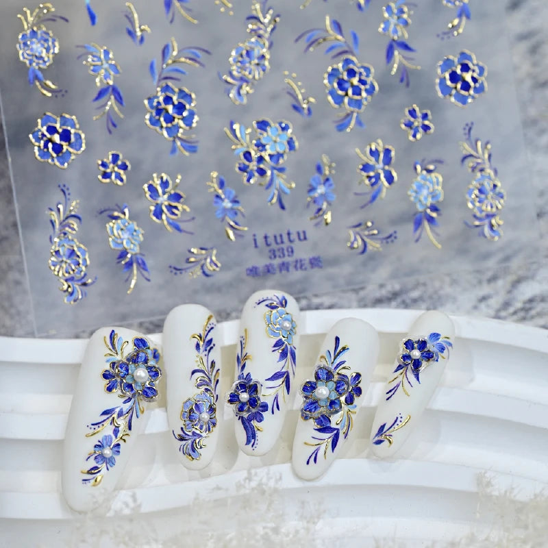 Japanese Vintage Red & Blue Rose Flower Laser Gold Silver Nail Stickers Nail Art Decal Design Manicure Tool High Quality