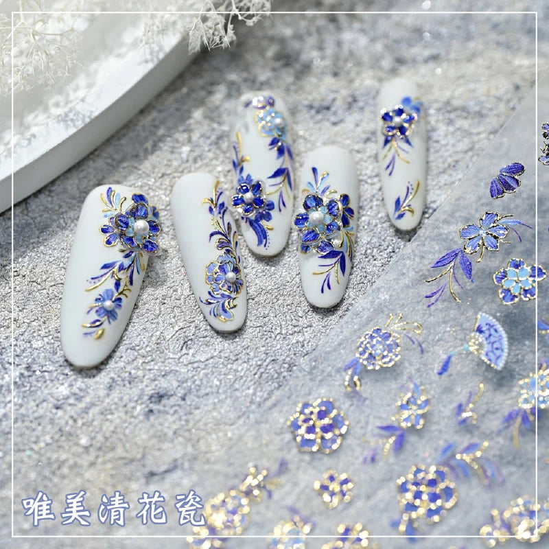 Japanese Vintage Red & Blue Rose Flower Laser Gold Silver Nail Stickers Nail Art Decal Design Manicure Tool High Quality