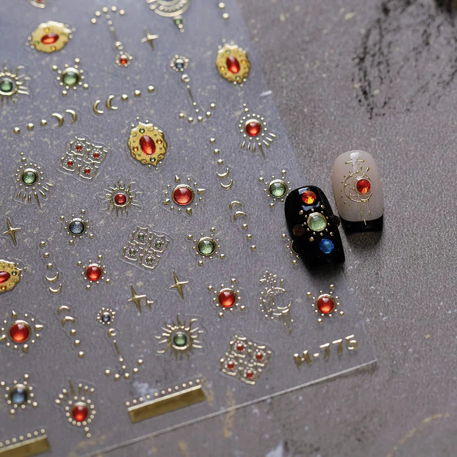 Elegant Gold Scepter 5D Nail Art Stickers Gorgeous Gemstone Luxury Courtly Pattern Necklace Frame Self Adhesive Manicure Decals