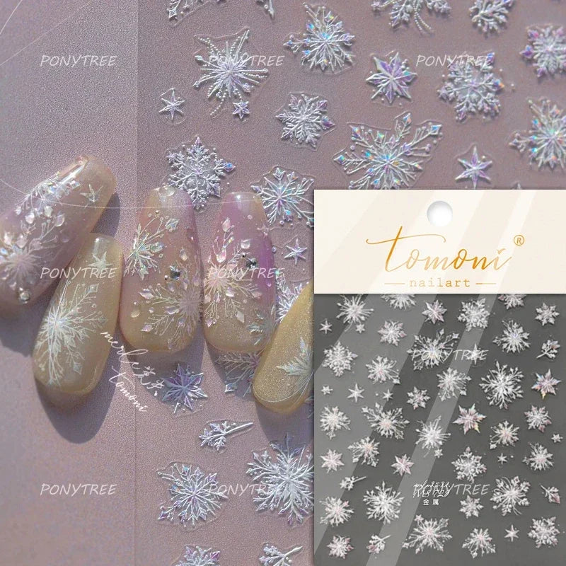 Flying Snowflakes Cold Winter Geometric Hexagon Star Romantic Adhesive Nail Art Stickers Embossment Rhinestone Manicure Decals