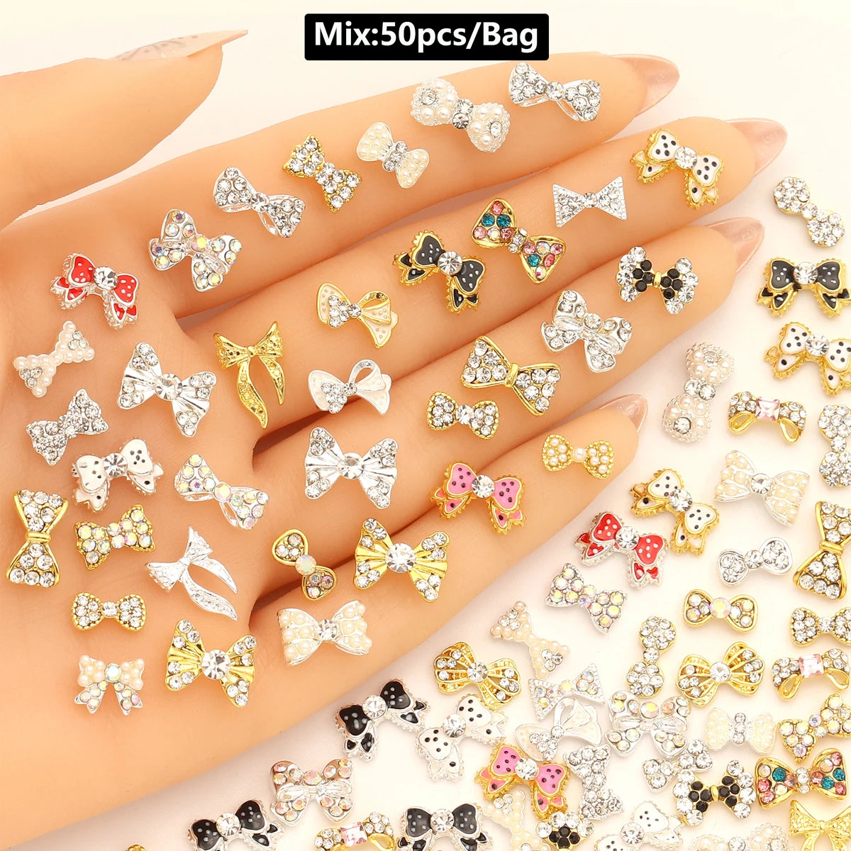 Mix 50pcs 3D Luxury Metal Nail Art Decorations Alloy Shiny Rhinestones Pearl Gems Zircon Diamond Charm DIY Nail Accessories
