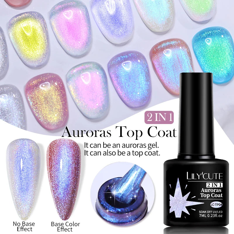 LILYCUTE 7ML 2 IN 1 Auroras Top Coat Glitter Pink Purple Auroras Laser Gel Nail Polish DIY Semi Permanent Soak Off Nail Art