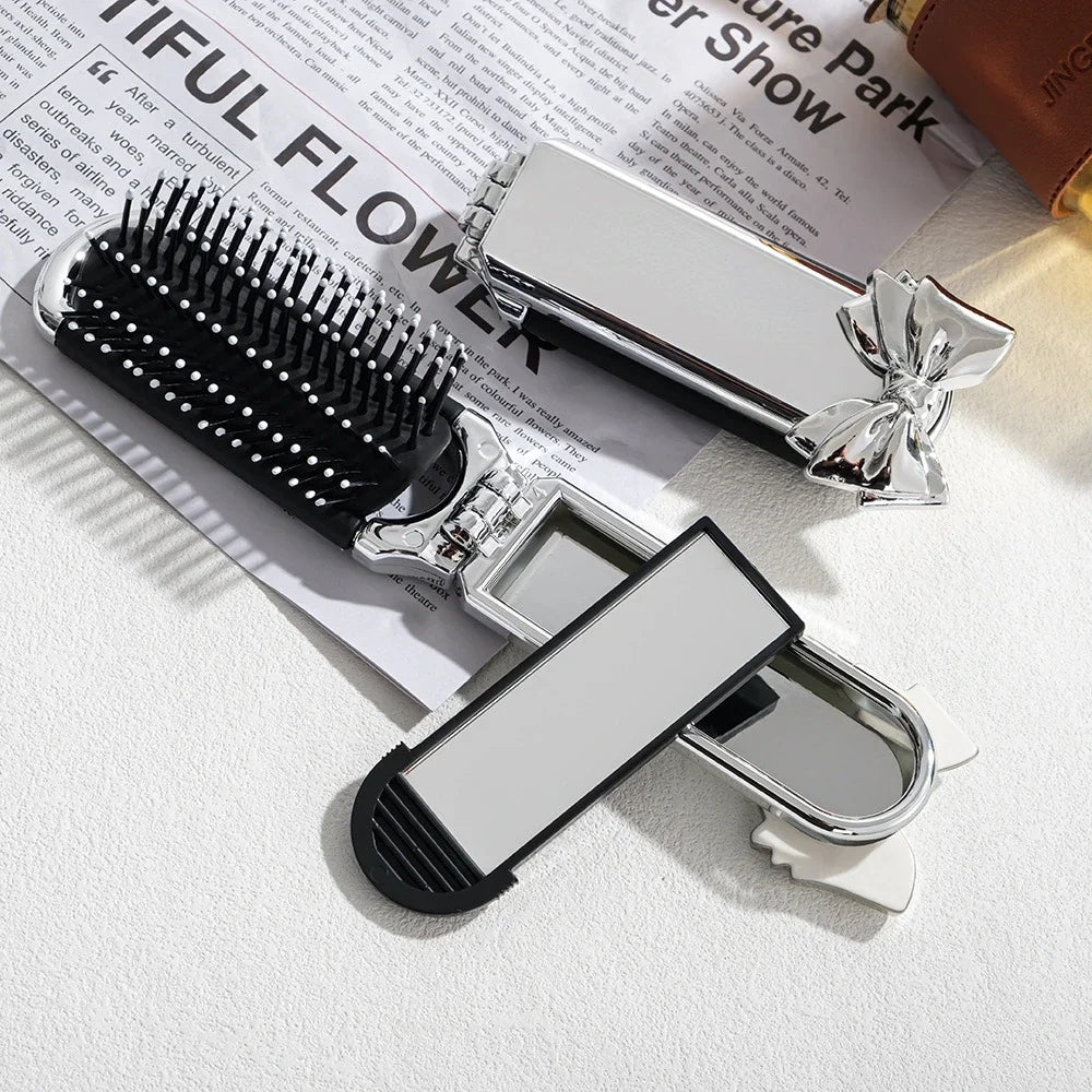 2 In 1 Mini Portable Folding Comb Mirror Diamond Air Cushion Bling Rhinestone Cosmetic Travel Pocket Hair Brush Makeup Tool