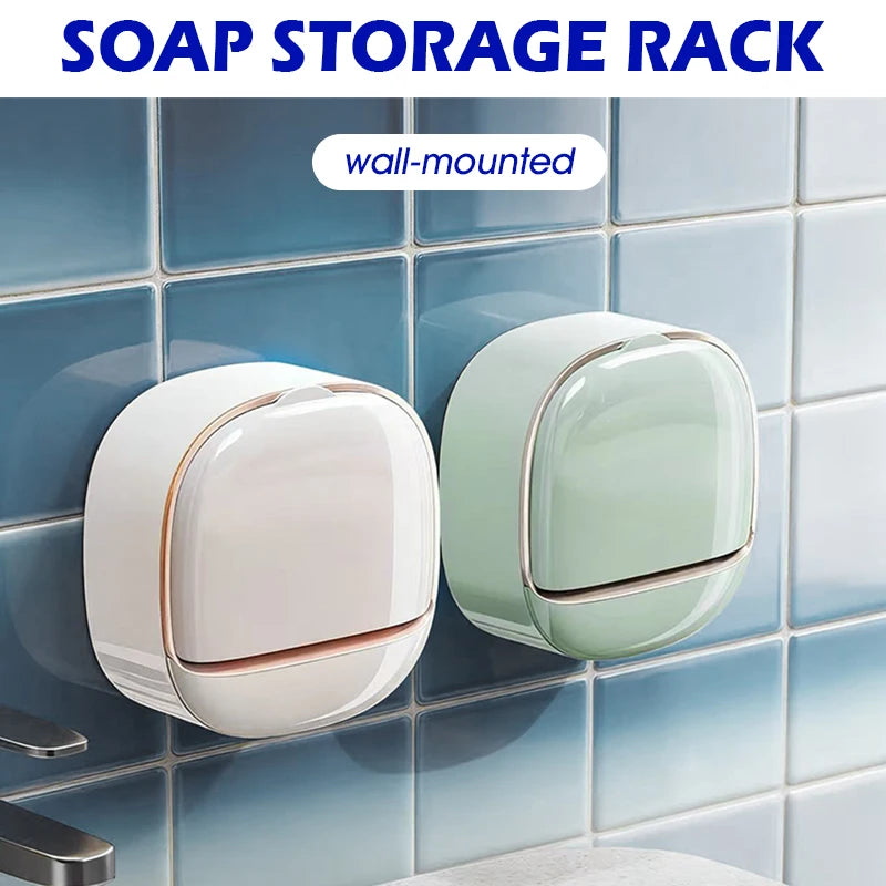 Soap dish with drainage tray, wall-mounted shower holder, keeps bars dry, flip-top waterproof soap holder requiring no drilling