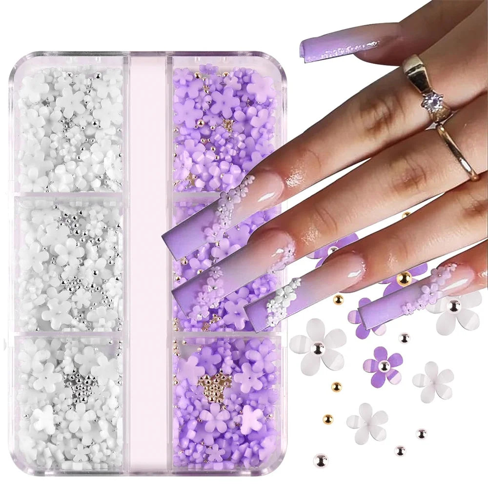 6Grid 3D Mixed Pink White Small Flower Nail Art Charms With Gold Silver Beads Kawaii Resin Fashion Cartoon Nail Decorations DIY