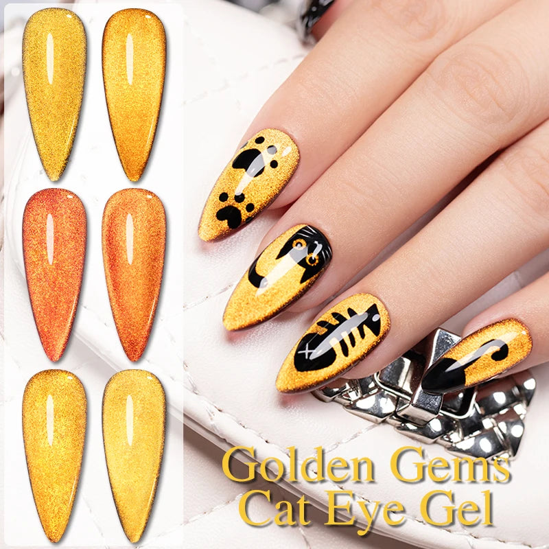 1- 6pc Golden Glitter Cat Magnetic Nail Gel Cat Eye Holographic Reflective Semi Permanent UV Gel Soak Off Sparkling Nail Art