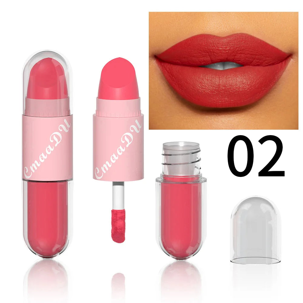 Lipstick Lip Gloss 2-in-1 Matte Lip Color Velvet Lip Glaze Waterproof Long Lasting Non-marking Natural Lip Tint Blam Cosmetic