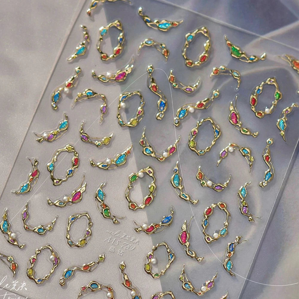 Elegant Gold Scepter 5D Nail Art Stickers Gorgeous Gemstone Luxury Courtly Pattern Necklace Frame Self Adhesive Manicure Decals