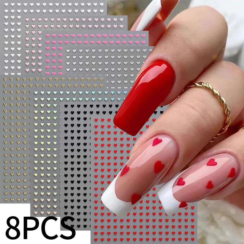 8Pcs 3D French Love Heart Nail Stickers Hollow Sweetheart Nail Decals DIY Valentine's Day Adhesive Sliders Manicure Decorations