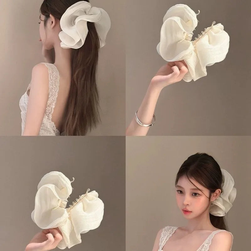 Soft Pleated Chiffon Flower Banana Hair Clips Anti Slip Holder Elegant Hair Barrettes Women Daily Wedding Party Hair Accessories