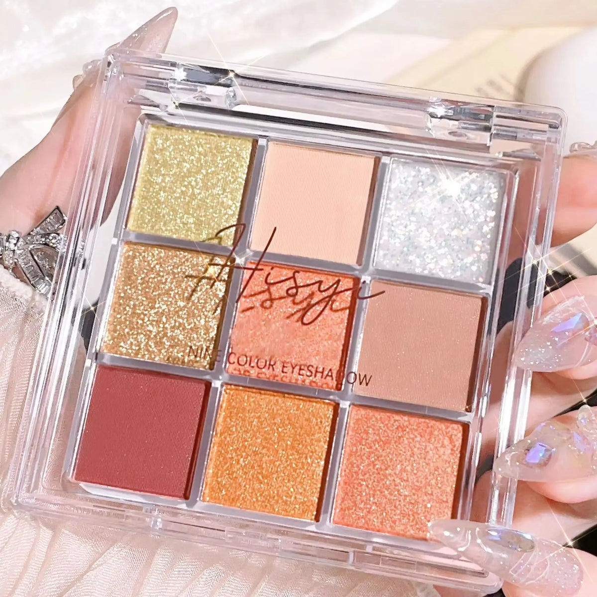Summer 9 color eyeshadow palette: Orange brown, pink and gold, matte shimmer effect, lasting makeup, keep glitter rose Eyeshadow
