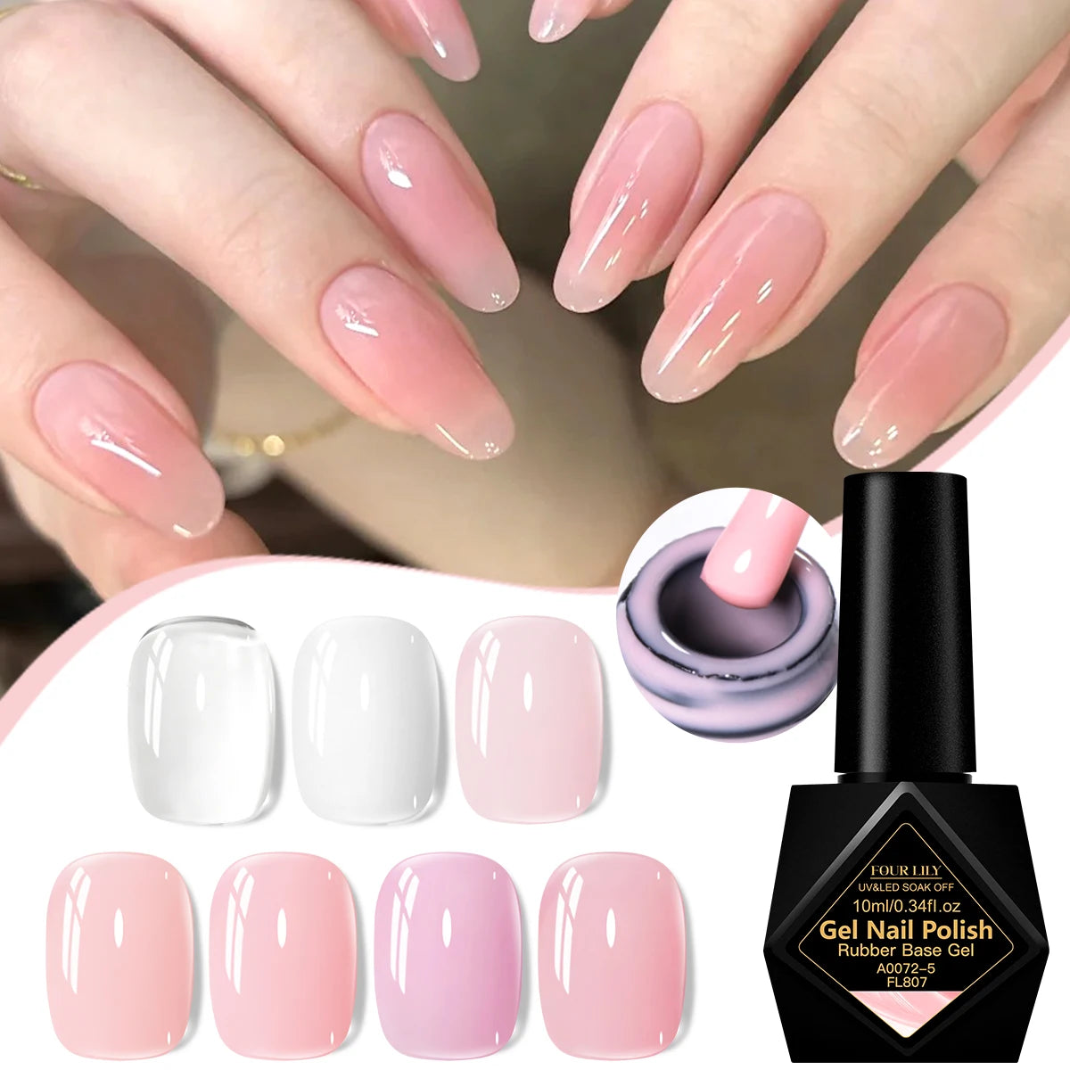FOUR LILY 10ML Nude Pink Rubber Base Gel Nail Polish Milky White Color Semi Permant Soak Off UV LED Self-leveling Gel Varnishes