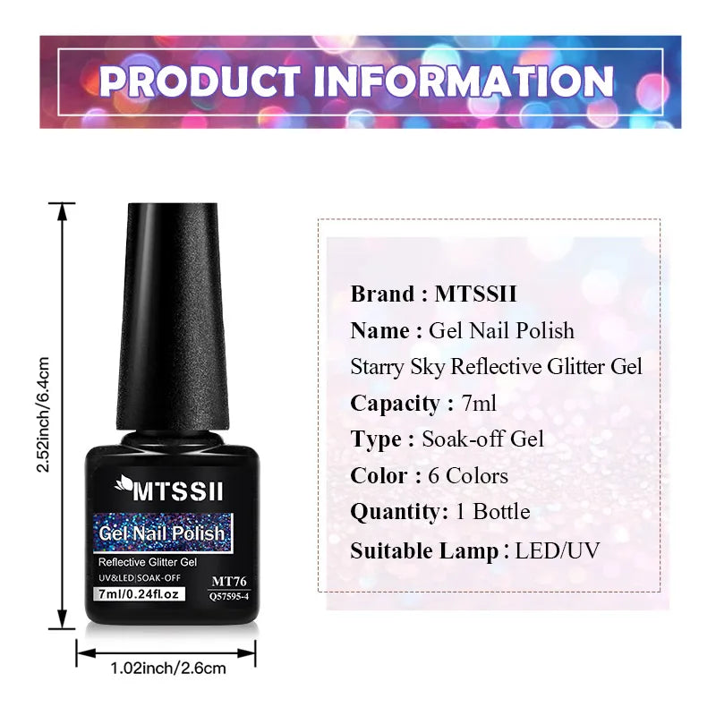 7ml MEET ACROSS Champagne Rainbow Reflective Glitter Gel Nail Polish Laser Sparkling Hybird Soak Off Nail Art UV LED Varnishes