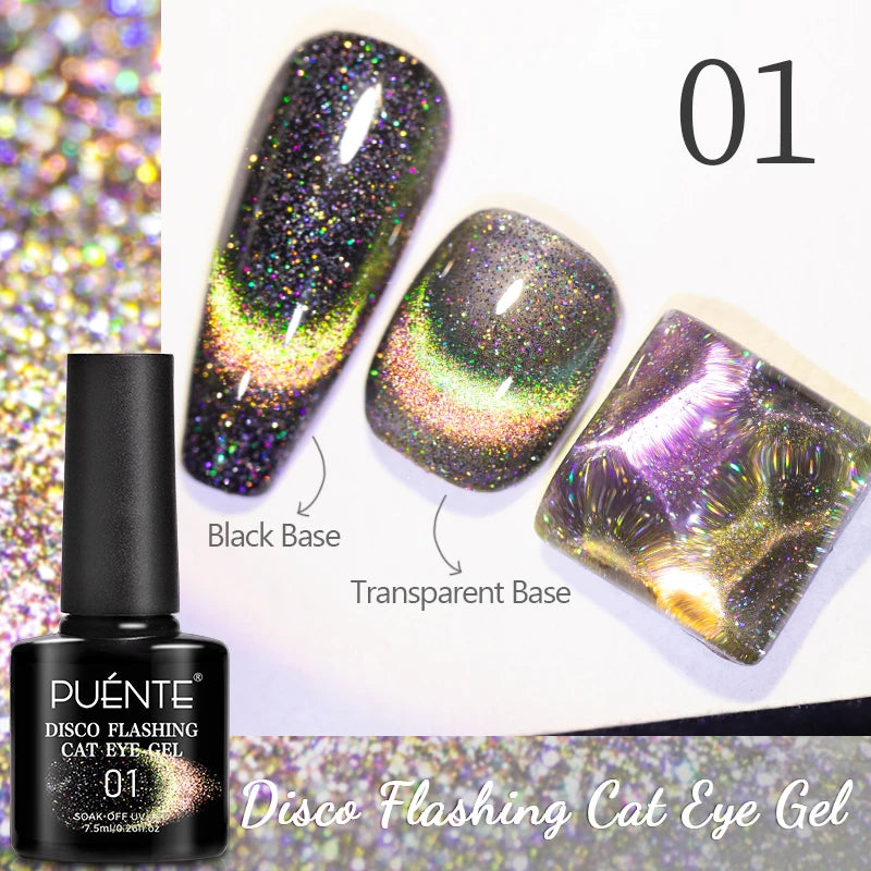 PUENTE 7.5ML Golden Gems Cat Magnetic Gel Nail Polish Pink Brown Blue Colors Golden Glitter Cat Eye Soak Off UV Nail Art Varnish