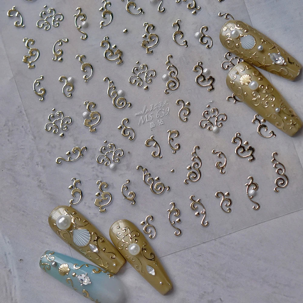 Elegant Gold Scepter 5D Nail Art Stickers Gorgeous Gemstone Luxury Courtly Pattern Necklace Frame Self Adhesive Manicure Decals