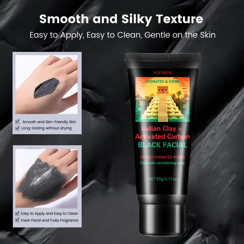 YUITIKUE Black Facial Mask, Indian Clay & Activated Charcoal, Deep Cleansing, Hydrates & Firms Pores, 60g