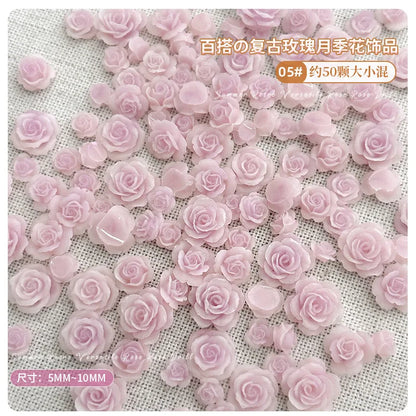 50PCS 3D Mix Sizes Beautiful Blossoming Rose Flowers Resin Adhesive Nail Art Rhinestones Decorations Manicure Kawaii Charms