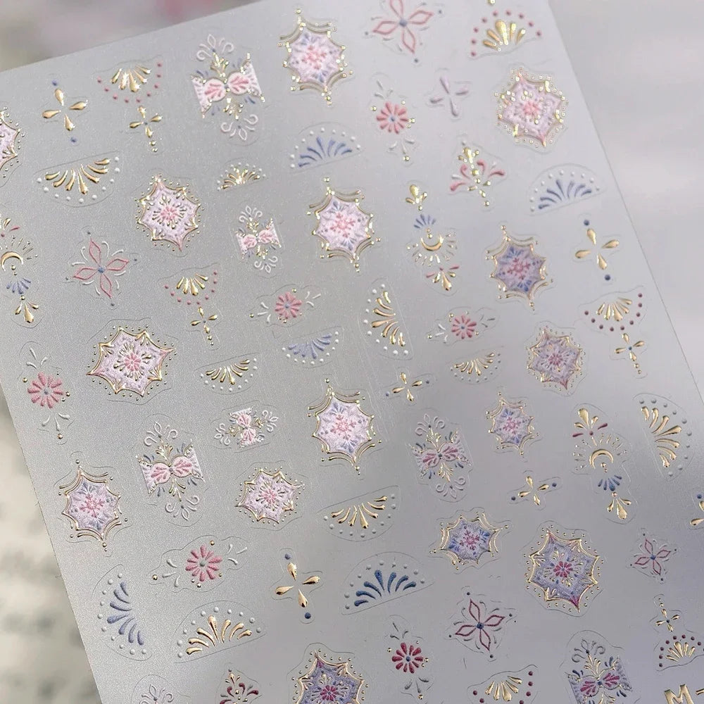 Elegant Gold Scepter 5D Nail Art Stickers Gorgeous Gemstone Luxury Courtly Pattern Necklace Frame Self Adhesive Manicure Decals