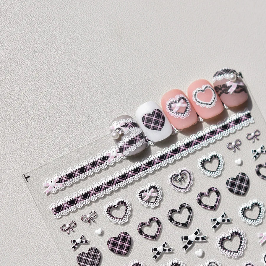 Sweet Pink Bowknot Black Lace Heart Nail Stickers 3D Self Adhesive Nail Art Stickers Manicure Decorations Decals DIY Accessories