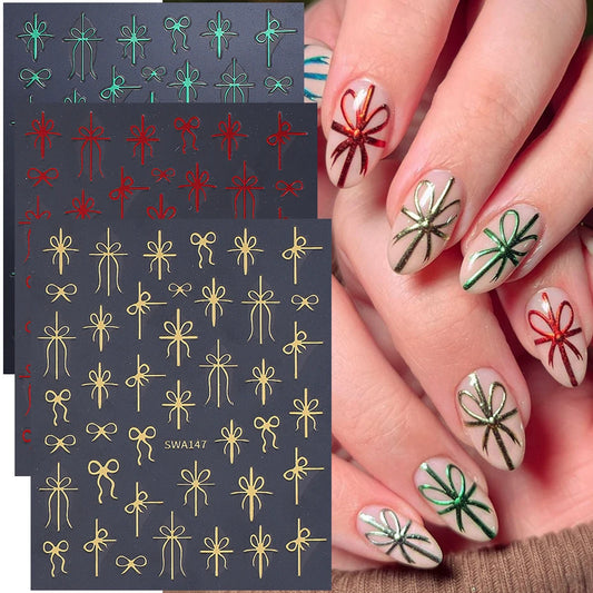 3/6pcs Christmas Nail Art Stickers 3D Snowflake Bow French Line Design Decals DIY Self-Adhesive New Year Manicure Decoration