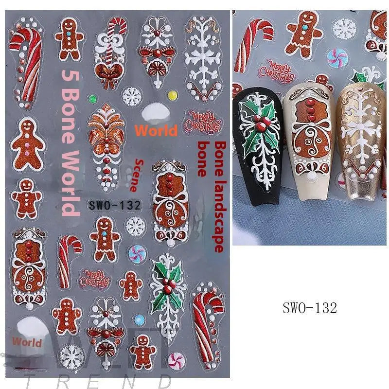 1Pcs 5D Gingerbread Man Snowflake Nail Stickers Christmas Pine Tree Cake Self-Adhesive Nail Decal Winter DIY Manicure Supplies