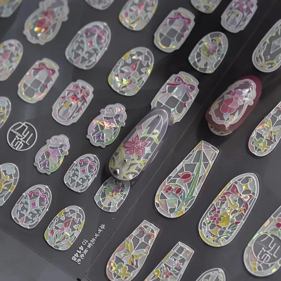 1piece 5D glass fragment nail sticker high quality stained glass window grille design glitter art decoration design nail sticker