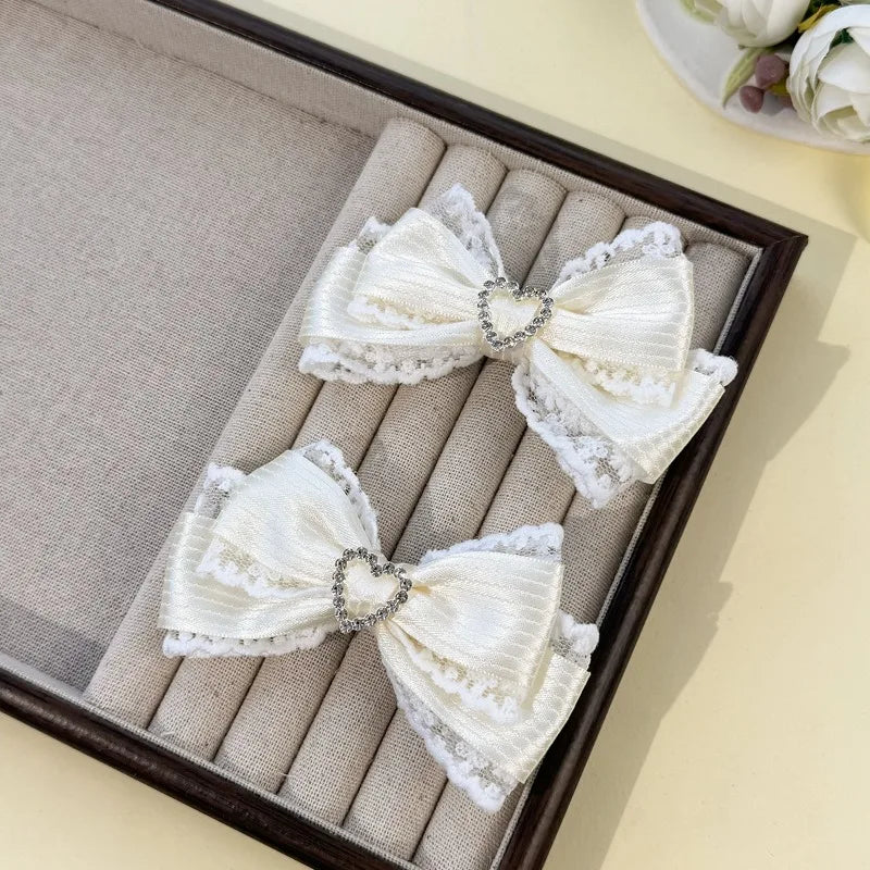 Lace Stripe Satin Bow Hair Clip Heart Rhinestone Barrettes Women Lolita Daily Wedding Party Hair Accessories Hair Clips ForWomen