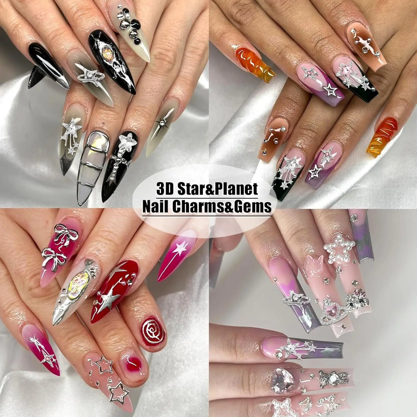 40PCS Star Nail Charms Silver 3D Star Charms Pink Nail Rhinestone Multi Style Nail Art Jewelry Dangle Stars Nail Decoration Y2K