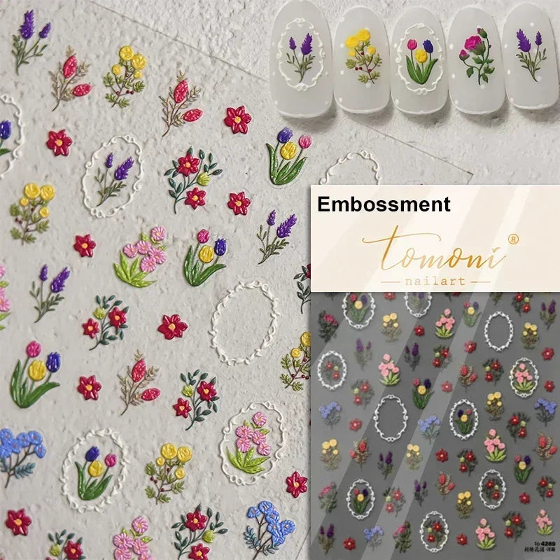 1piece 5Dcute tulip flower nail stickers high quality self-adhesive embossed nail art decals for girls summer decoration sticker