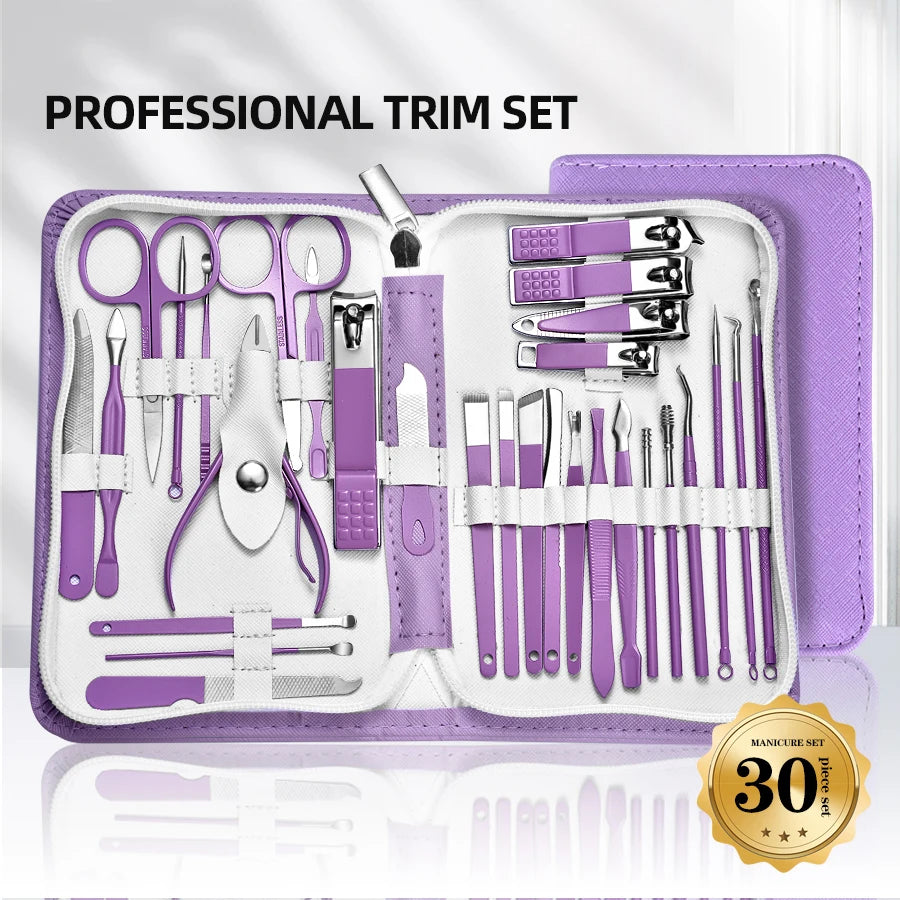 9/18/24/30 PCS Stainless Steel Manicure Set in Dazzling Purple & Blue - Modern Style Nail Clippers with Convex Blade, Non-Scente