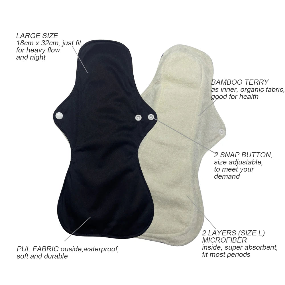 4 Pack Women's Eco-Friendly Bamboo Reusable Sanitary Pads Black Cloth Washable Period Pads Sanitary Napkins