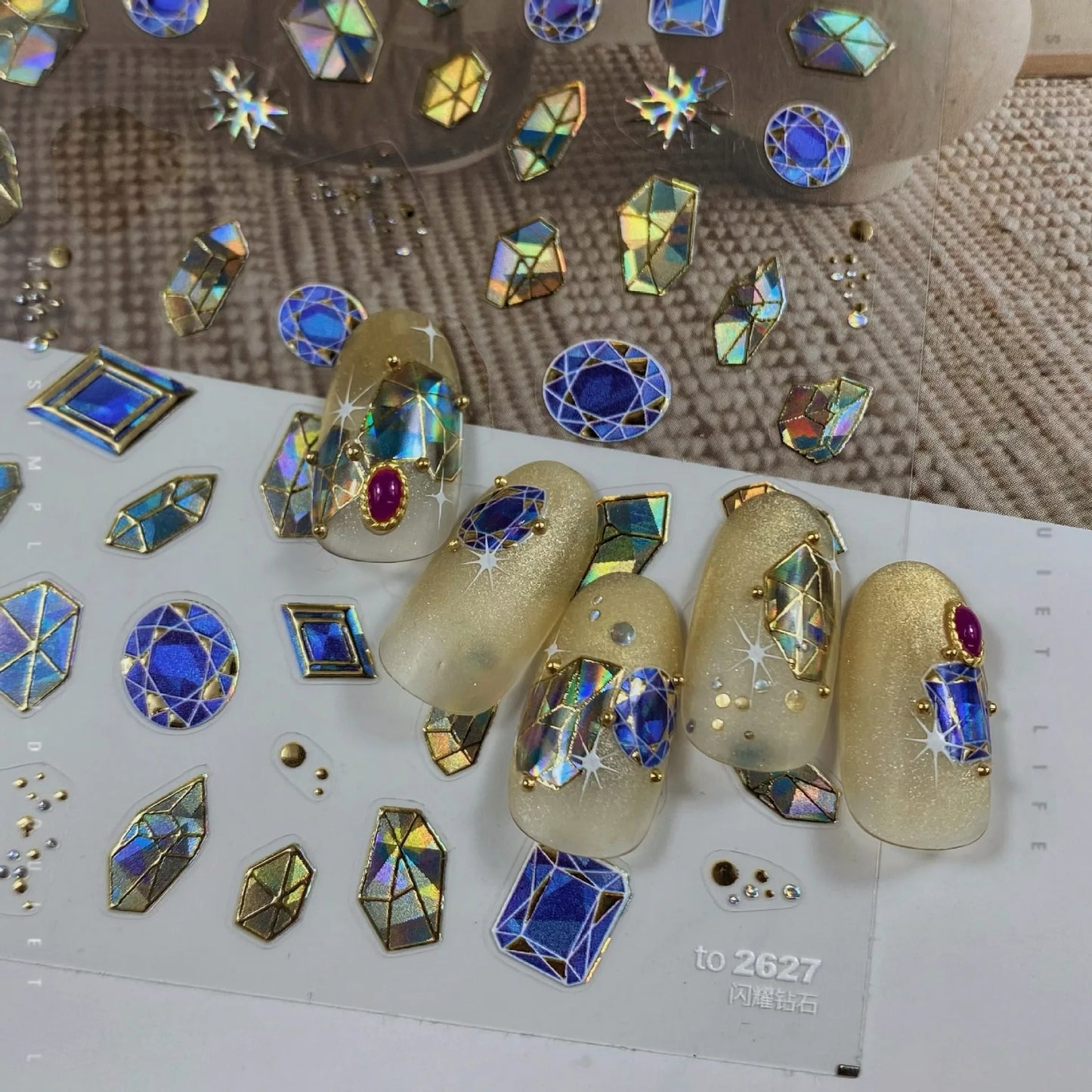 Elegant Gold Scepter 5D Nail Art Stickers Gorgeous Gemstone Luxury Courtly Pattern Necklace Frame Self Adhesive Manicure Decals