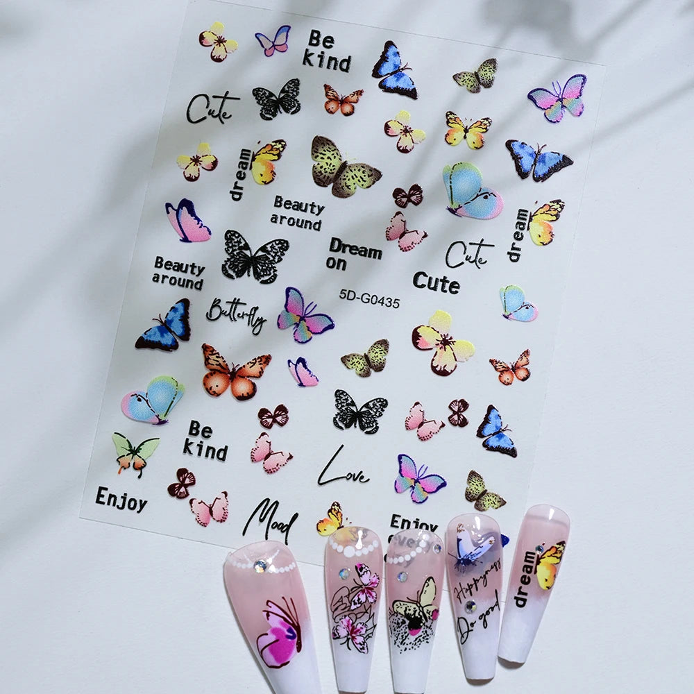 1PC 5D Macaron Flower/Fruit Nail Charms Sticker Embossed Bear/Rabbit/Letter Nails Slider Decals Summer Adhesive Manicure Decor&Y