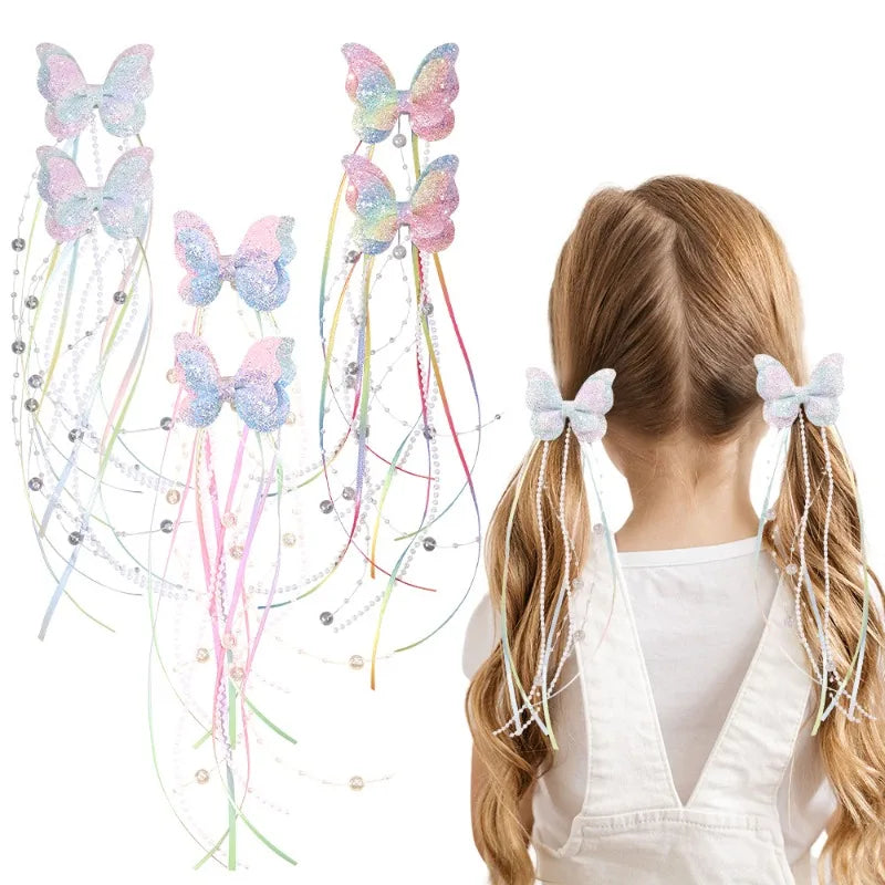 2Pc Childrens Rainbow Butterfly Sequin Hair Clip,pearl Ribbon,tassel Hair Clip,girl Braided Hair Accessory,performance Accessory