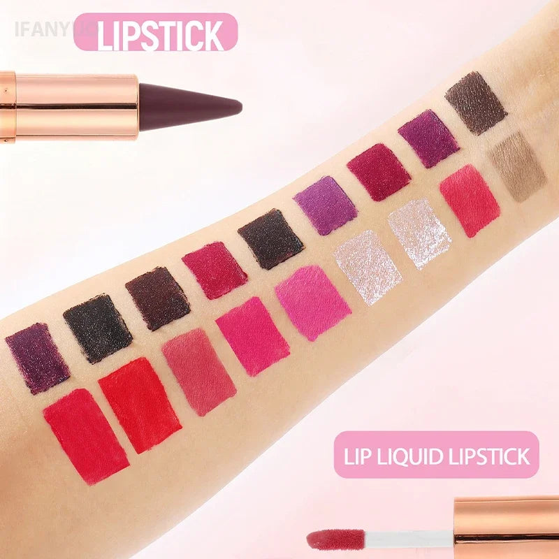 2IN1 Tapered Tip Lip Liner & Lipstick Gradient & Velvet Matte Finish Pearly Waterproof Non Stick Cup Liquid Lip Color Makeup Set