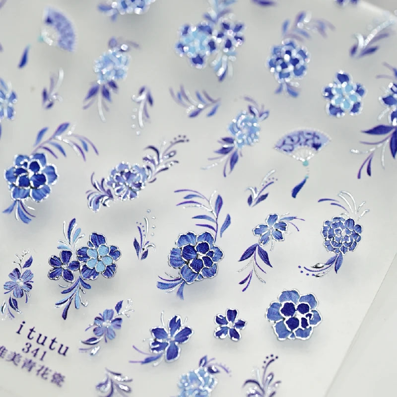 Japanese Vintage Red & Blue Rose Flower Laser Gold Silver Nail Stickers Nail Art Decal Design Manicure Tool High Quality