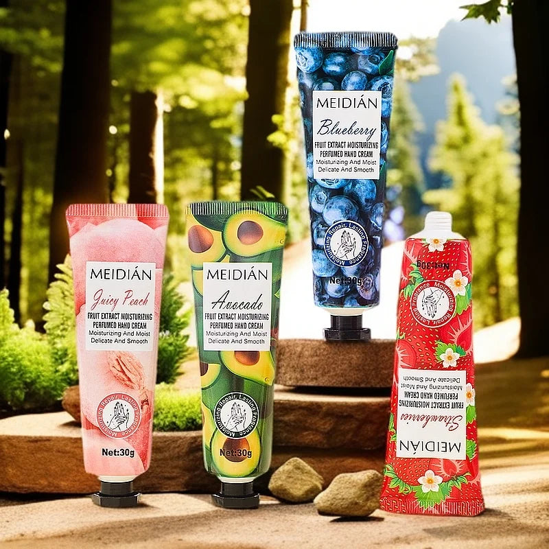 Five piece fruit scented hand cream for moisturizing and long-lasting fragrance retention. Hand care mask cream