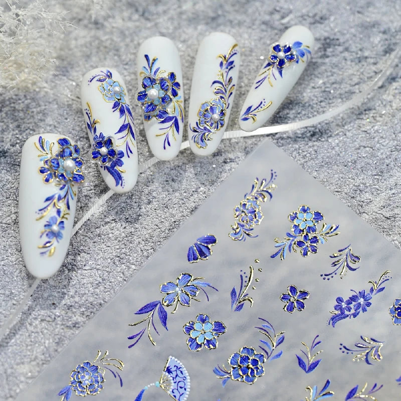 Japanese Vintage Red & Blue Rose Flower Laser Gold Silver Nail Stickers Nail Art Decal Design Manicure Tool High Quality