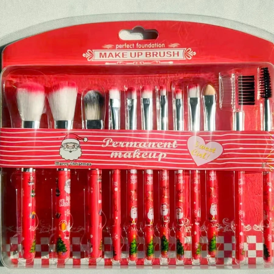 12PCS Christmas Makeup Brush Gift Set | Cute Santa & Kitty Cartoon Brushes for Women | Beginner-Friendly Holiday Beauty Kit