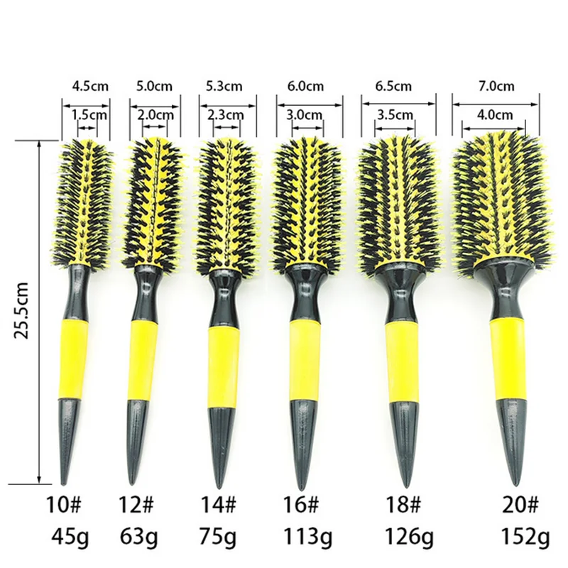 Professional 1PC 6 Sizes Round Wooden Hair Brush Boar Bristle Mix Nylon Salon Women Hair Styling Tools Yellow Brazil Hair Curler