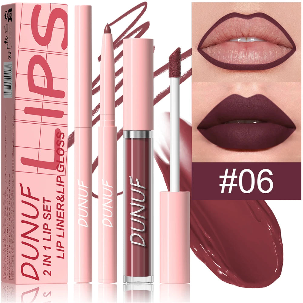 Matte Lip Gloss Lip Liner Set, 2pcs Waterproof Non-sticky Long-Lasting Lipstick, Nude Deep Red Mauve, Y2K Makeup Christmas Gift