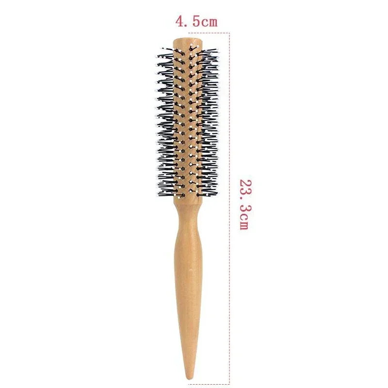 Mini Round Nylon Hairbrush Curly Hair Styling Comb Rolling Comb Round Brush for Thin or Short Hair Men with Wooden Handle