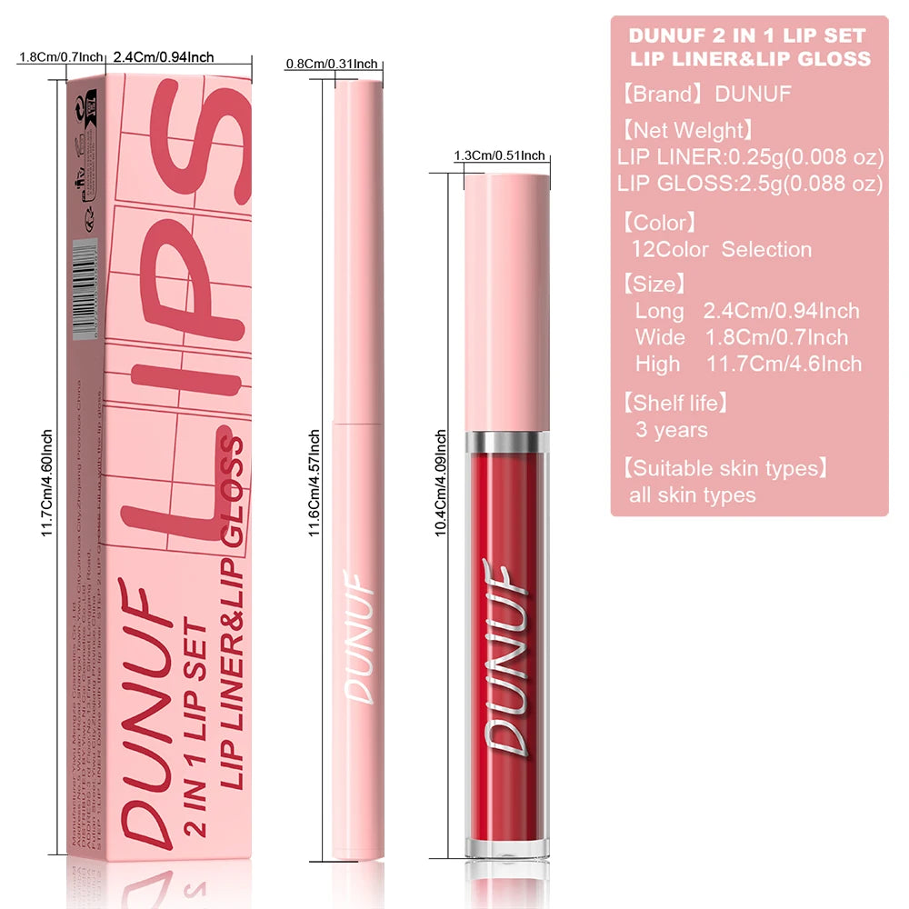 Matte Lip Gloss Lip Liner Set, 2pcs Waterproof Non-sticky Long-Lasting Lipstick, Nude Deep Red Mauve, Y2K Makeup Christmas Gift