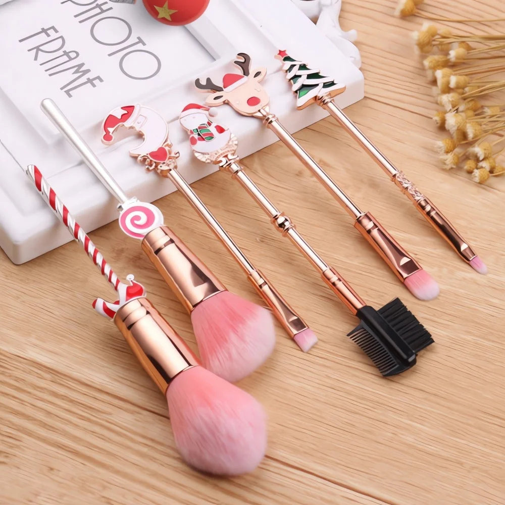 5/6-Piece Christmas Makeup Brush Set - Holiday Gift | Cute Santa Reindeer Christmas Tree Candy Cartoon Brushes
