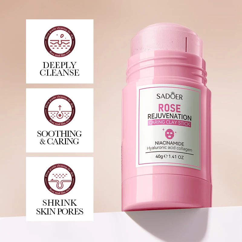 SADOER Green Tea Rose Face Masks Stick Clay Mask Shrink Pores Deep Blackhead Remover Facial Cleansing Moisturizing Facial Masks