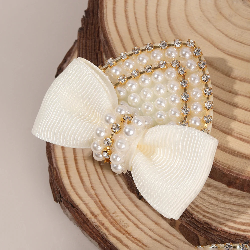 2Pcs Cat Ear Bow Hair Clips Elegant Pearls Rhinestone Hairpins Ribbon Barrette For Girls Children Headdress Hair Accessories