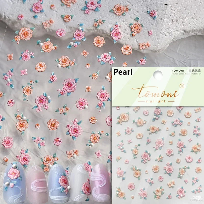 1piece 5Dcute tulip flower nail stickers high quality self-adhesive embossed nail art decals for girls summer decoration sticker