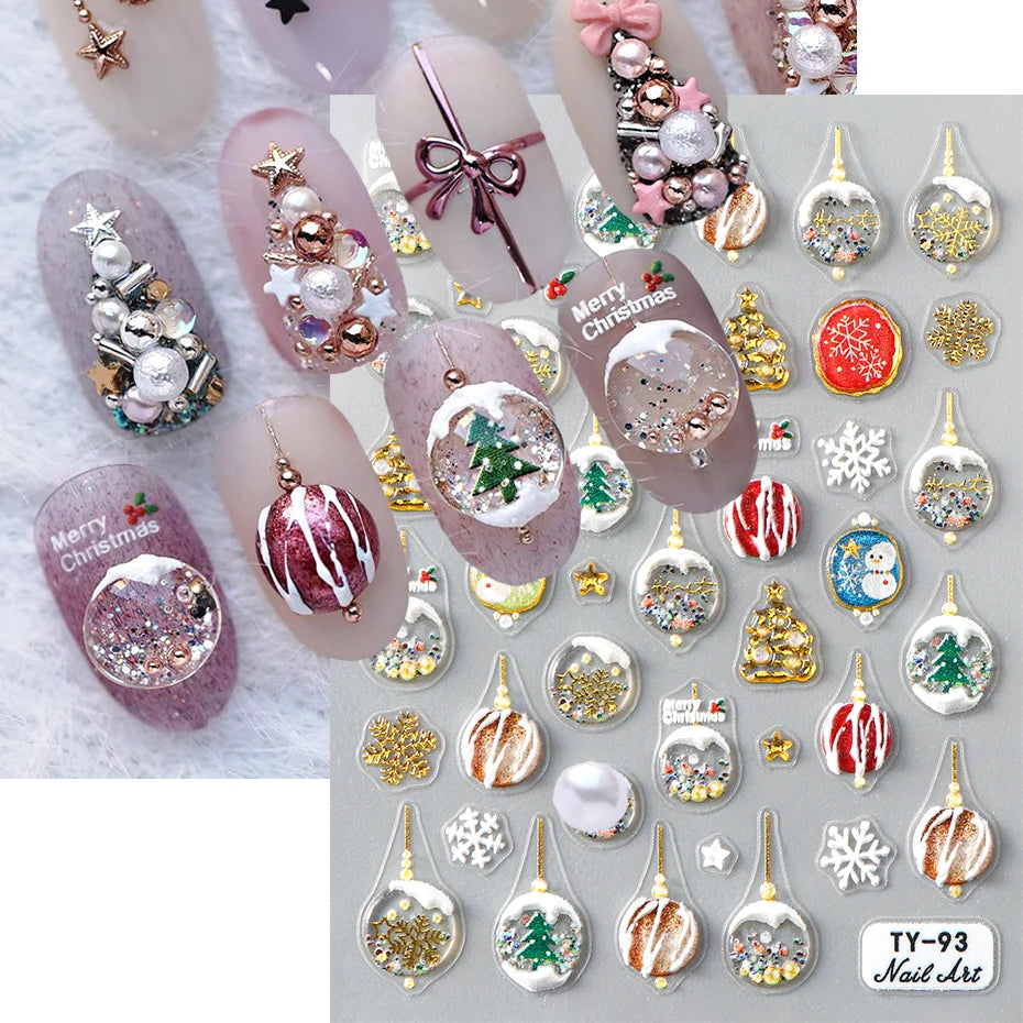 3D Winter Snowflakes Snow Globe Nail Sticker Cute Christmas Snowman Gold Star Nail Art Decals 5D Stickers Decorations Manicure