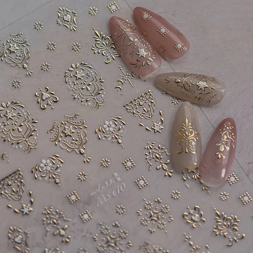 Elegant Gold Scepter 5D Nail Art Stickers Gorgeous Gemstone Luxury Courtly Pattern Necklace Frame Self Adhesive Manicure Decals