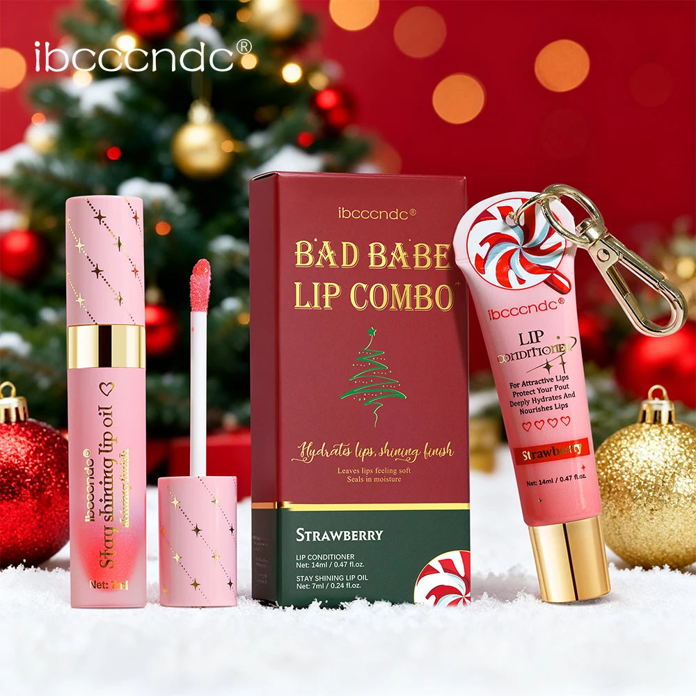 Lip Combo 2pcs Strawberry Moisturizing Lip Gloss&Lip Oil Nourishing Liquid Balm Christmas Makeup Gift Set for Women Lip Gloss
